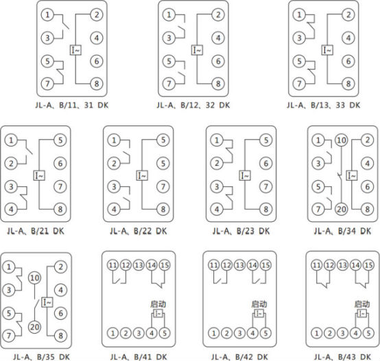 JL-A、B/43 DK無輔源電流繼電器內部接線及外引端子圖（正視圖）