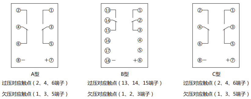 JCDY-2A/C直流電壓繼電器內部接線及外引接線圖(背視圖)