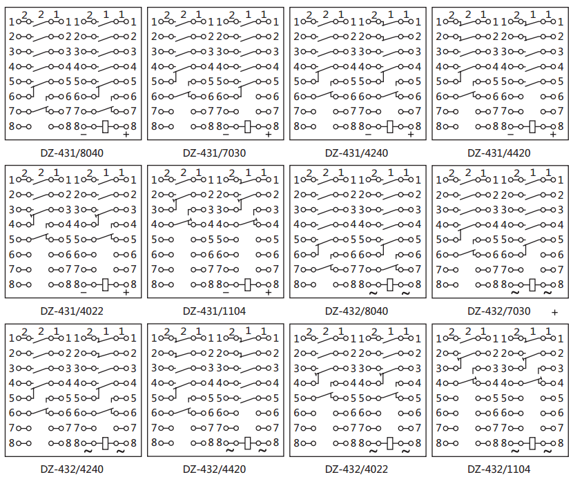 DZ-431中間繼電器內部接線圖及外引接線圖（背視）