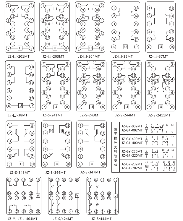 JZ-Y-404MT跳位、合位、電源監視中間繼電器內部接線圖